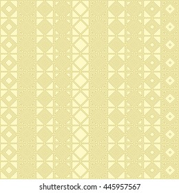 Seamless gold pattern with symmetric geometric ornament. Abstract rhombuses and triangles background. Grid wallpaper. Vector illustration