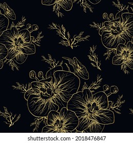 patrón oro sin costura con flores de orquídea tropical. fondo de pantalla dibujado a mano. lujo, diseño de arte moderno para papel, papel pintado, impresión. estilo vintage. ilustración vectorial.