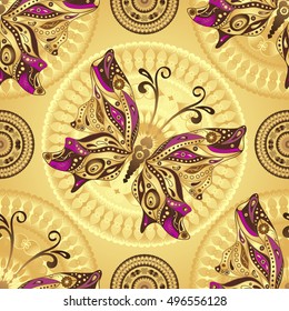 Seamless gold pattern with vintage butterflies and delicate circles, vector