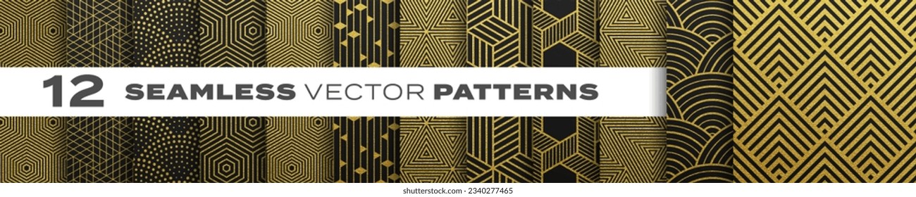 Seamless gold patterns vector set, abstract geometric shape backgrounds. Creative design golden patterns with retro, modern, trendy texture