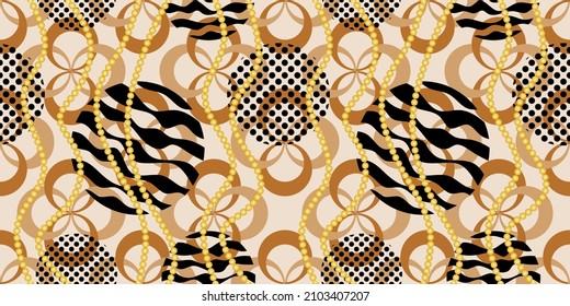 Seamless gold pearls with abstract pattern on beige. Vector Illustration.