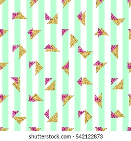 seamless gold and pink triangle glitter pattern with green stripe background