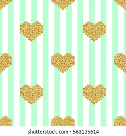 seamless gold pixel heart glitter pattern on green stripe background