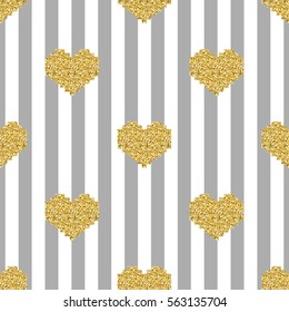 seamless gold pixel heart glitter pattern on grey stripe background