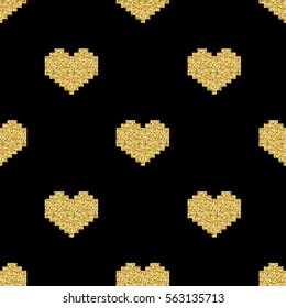 seamless gold pixel heart glitter pattern on black background