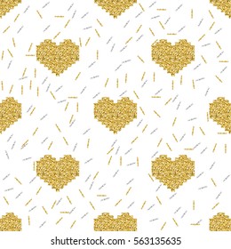 seamless gold pixel heart with silver and gold glitter pattern on white background