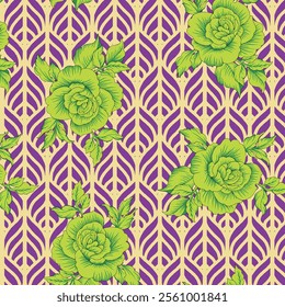 Seamless with gold, rose and green leaves. Trendy print on a yellow background. Exquisite pattern with rose flowers and leaves in vintage style.