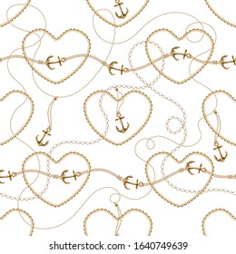 Seamless with gold shine chains, hearts, anchors, rope on white background. Abstract pattern in nautical style. Marine motifs ornament. Idea for material, textile, fabric design. Vector