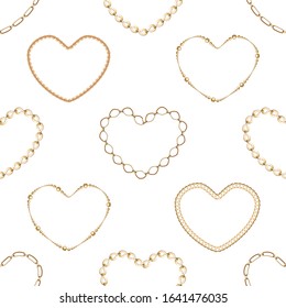 Seamless with gold shine chains, hearts, anchors, rope on white background. Abstract pattern in nautical style. Marine motifs ornament. Idea for material, textile, fabric design. Vector