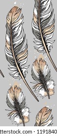 Seamless gold and silver pattern. Bird feathers on a gray background. Textile composition, hand drawn style print. Vector illustration.