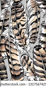 Seamless gold and silver pattern. Owl bird feathers on a gray background. Textile composition, hand drawn style print. Vector illustration.