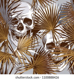 Seamless gold and silver pattern. Tropical leaves. Exotic fan palm and human skulls. Vector illustration.