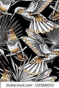 Seamless Gold And Silver Pattern. Tropical Leaves. Exotic Fan Palm And Hummingbird On A Black Background. Textile Composition, Hand Drawn Style Print. Vector Illustration.