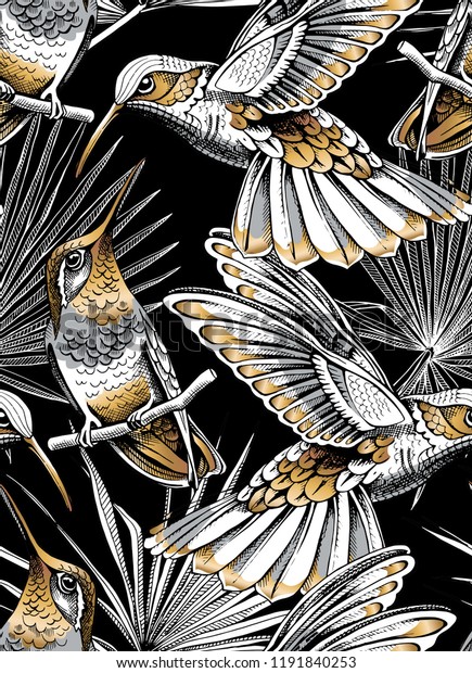 Seamless gold and silver pattern. Tropical leaves. Exotic fan palm and Hummingbird on a black background. Textile composition, hand drawn style print. Vector illustration.