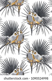 Seamless gold and silver pattern. Two Beautiful little Wavy Parrots kiss on a Tropical leaves. Vector illustration.