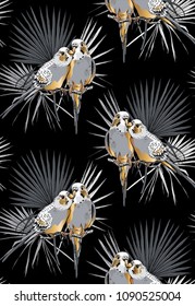 Seamless gold and silver pattern. Two Beautiful little Wavy Parrots kiss on a Tropical leaves. Vector illustration.