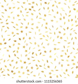 Seamless Gold Star Confetti Rain Festive Pattern Effect. Golden Volume Stars Falling Down Isolated On White Background. EPS 10