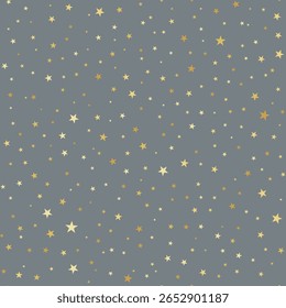 Nahtloses goldenes Sternmuster. Verstreute gelbe Sterne auf grauem Hintergrund. Flacher Minimalstil. Ideal für Einpackpapier, Kinderdesign, Weihnachtsfeiertagsdruck, Stoff, Verpackung