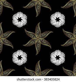 Seamless gold and white doodles pattern on the black background. Vector illustration.