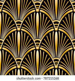 Seamless golden Art Deco pattern with abstract shells. Vector fashion backdrop in vintage style