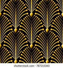 Seamless golden Art Deco pattern with abstract shells. Vector fashion backdrop in vintage style