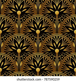 Seamless golden Art Deco pattern with abstract shells. Vector fashion backdrop in vintage style