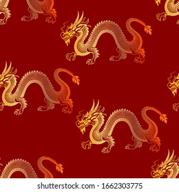 Seamless golden asian dragon on red background. Chinese dragons pattern vector.