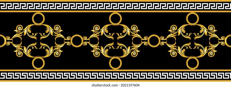 Seamless golden baroque border on black. Vector Illustration.
