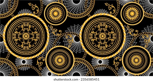 Seamless golden baroque chain with floral pattern. Vector Illustration.