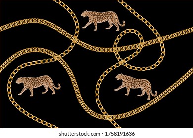 Cadena barroca dorada sin fisuras con estampado leopardo.Diseño vectorial para estampas y fondos de moda.