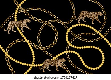Cadena barroca dorada sin fisuras con estampado leopardo.Diseño vectorial para estampas y fondos de moda.