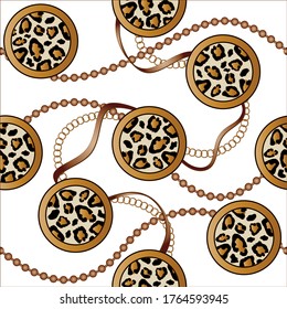 Seamless Golden Baroque Chain with Leopard Pattern. Vector design for Fashion Prints and Backgrounds.