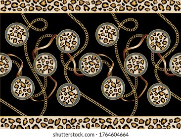 Seamless Golden Baroque Chain with Leopard Pattern. Vector design for Fashion Prints and Backgrounds.