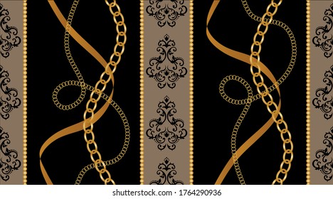 Seamless Golden Baroque Chain Pattern. Vector design for Fashion Prints and Backgrounds.