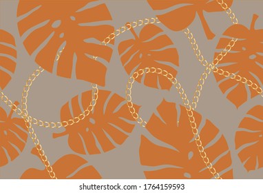 Seamless Golden Baroque Chain with Tropical Leaves Pattern. Vector design for Fashion Prints and Backgrounds.