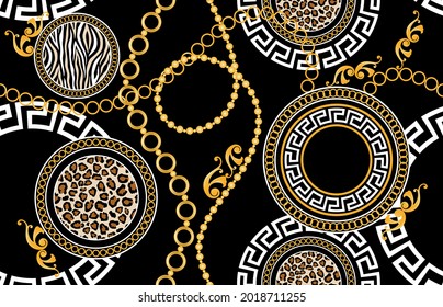 Seamless golden baroque chains,  leopard with zebra skin pattern on a black. Vector Illustration.