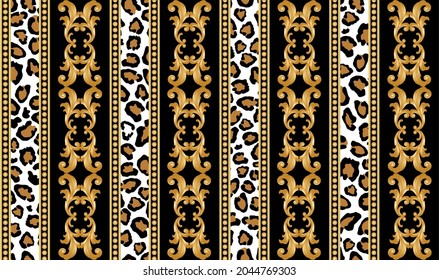Seamless Golden Baroque Chains with Leopard skin Pattern. Vector Illustration.
