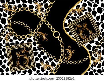 Seamless golden baroque chains with leopard pattern. Vector Illustration.