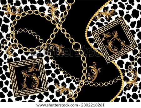 Seamless golden baroque chains with leopard pattern. Vector Illustration.