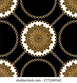 Seamless Golden Baroque Chains with Mandala Pattern.Vector design for Fashion Prints and Backgrounds.