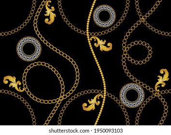 Seamless golden baroque chains on black background. Vector design for fashion print and backgrounds.