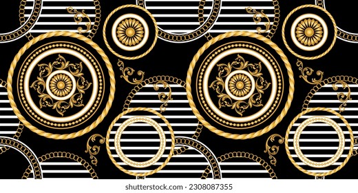 Seamless golden baroque with chains pattern. Vector Illustration.