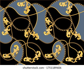 Seamless Golden Baroque Chains  Pattern.Vector design for Fashion Prints,Textile Backgrounds.
