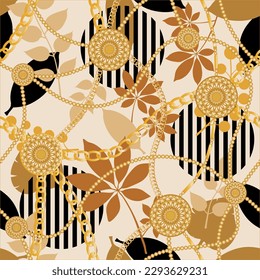 Seamless golden baroque chains with tropical pattern. Vector Illustration.