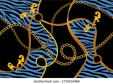 Seamless Golden Baroque Chains with Zebra Pattern.Vector design for Fashion Prints and Backgrounds.