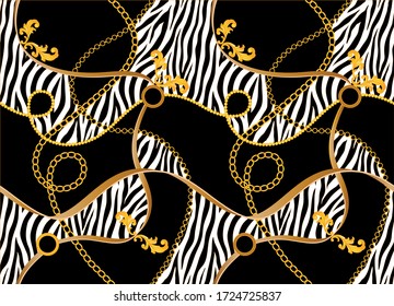 Seamless Golden Baroque Chains with Zebra Pattern.Vector design for Fashion Prints and Backgrounds.