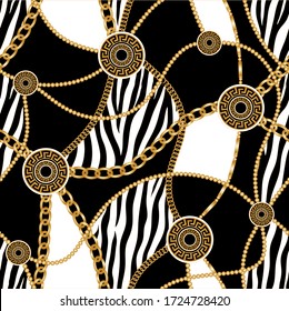 Seamless Golden Baroque Chains with Zebra Pattern.Vector design for Fashion Prints and Backgrounds.