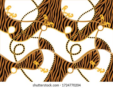 Seamless Golden Baroque Chains with Zebra Pattern.Vector design for Fashion Prints and Backgrounds.