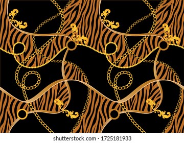 Seamless Golden Baroque Chains with Zebra Pattern.Vector design for Fashion Prints and Backgrounds.