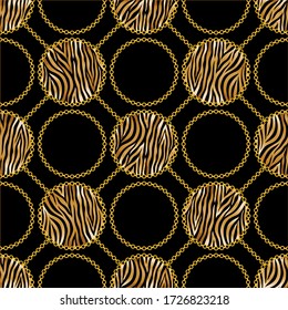 Seamless Golden Baroque Chains with Zebra Pattern.Vector design for Fashion Prints and Backgrounds.